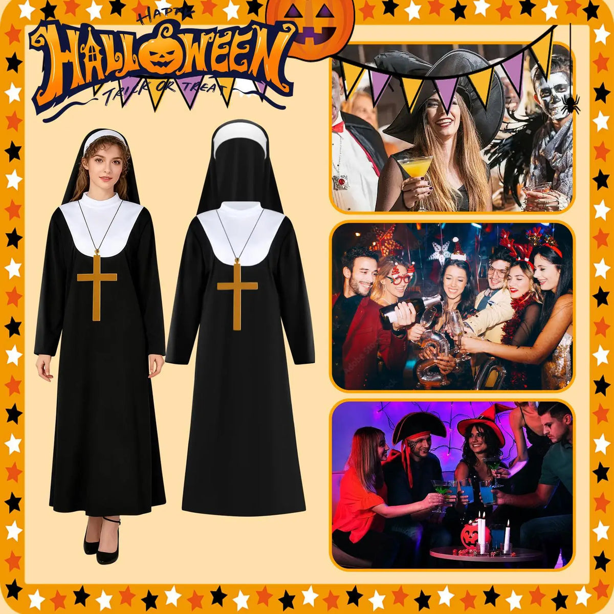 Nun Costume Adults Halloween Dress Headpiece Veil Cross Necklace Religious Robe Cosplay for Church Event Themed Party Photo Prop