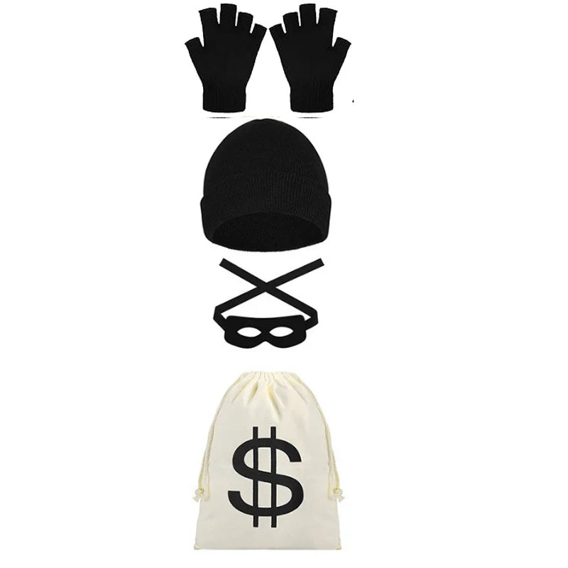 Adults Thief Cosplay Costume for Halloween Long Sleeved Striped T-shirt Canvas Bag Gloves Eye Mask Knitted Hat Outfit for Party