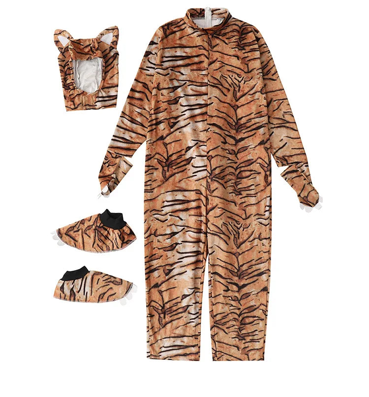 Tiger Costume for Adults Halloween Party Outfit Animal Cosplay Full Body Jumpsuit Costumes Jumpsuit Footwears Headgear 3Pcs Set