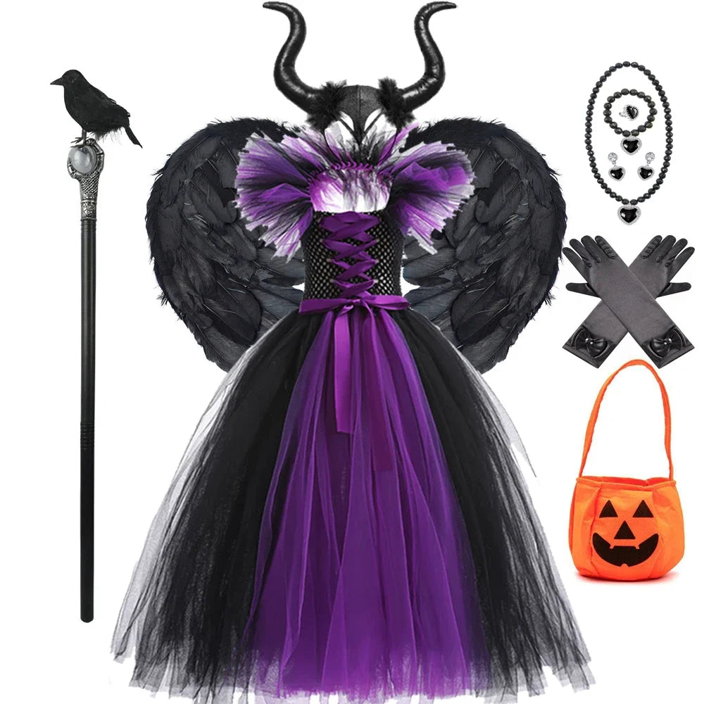 Halloween Costume For Kids Black Purple Witch Dress Luxury Lace Evil Role Playing Costume Maleficent Dress Up Outfit Tulle Dress