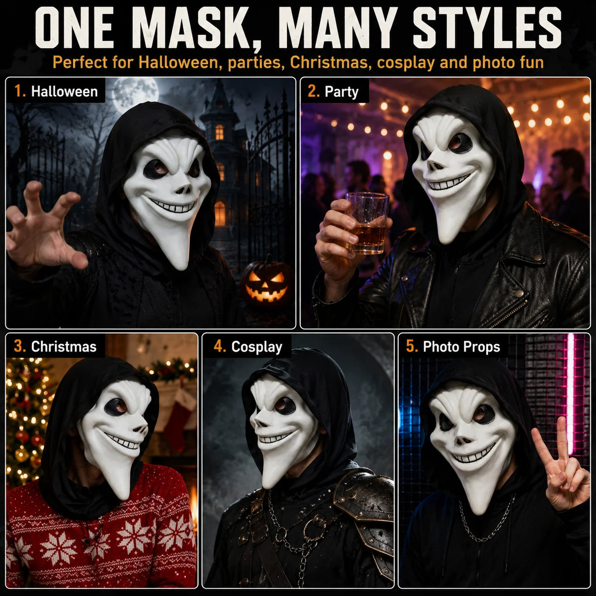 Ghost Face Mask Halloween Cosplay Costume Funny Horror Killer Scary Movie Mask with Hood for Adults