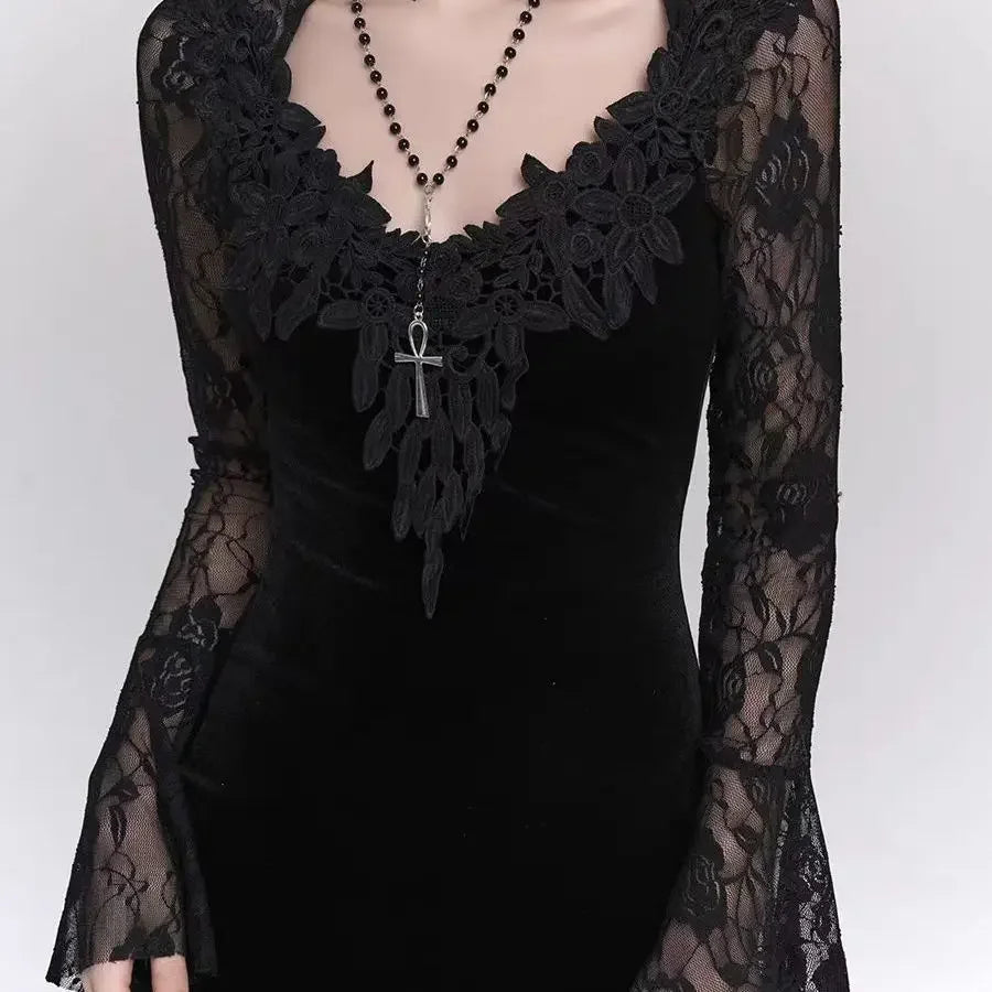 Winter Gothic Grunge Lace Dress Korean Fashion Design Festival Long Prom Dress Women Halloween Costume  Sexy Slim Party Dresses
