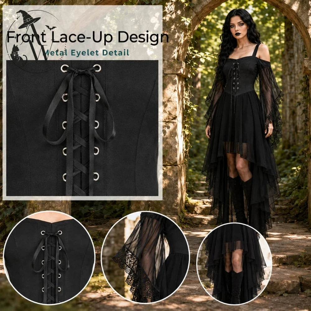 Witch Costume Women for Halloween Costumes Witch Dress Adults Medieval Vampire Butterfly Sleeve Mesh Gothic Outfits