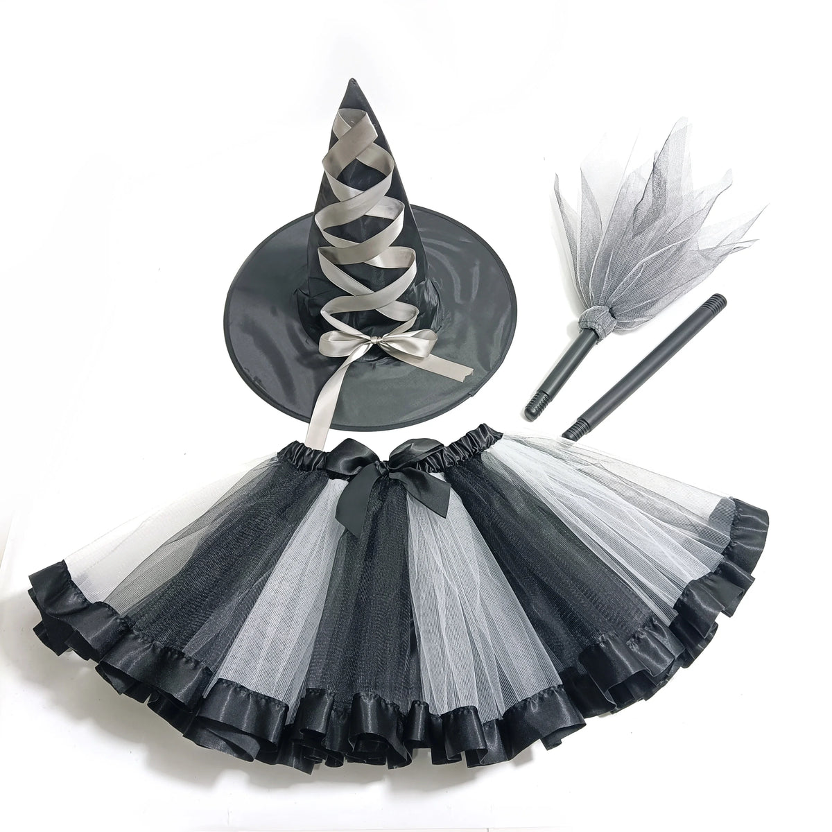 Adult Women Halloween Witch Costume 3pcs Set ,with Hat Broom and Lined Skirt for Halloween Party Cosplay Dress Up