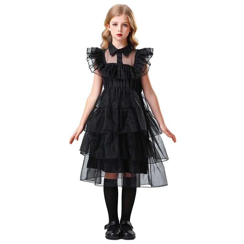 New adult ladies costume for Halloween featuring a ball dress inspired by the Addams Family a black dress for the Addams fami