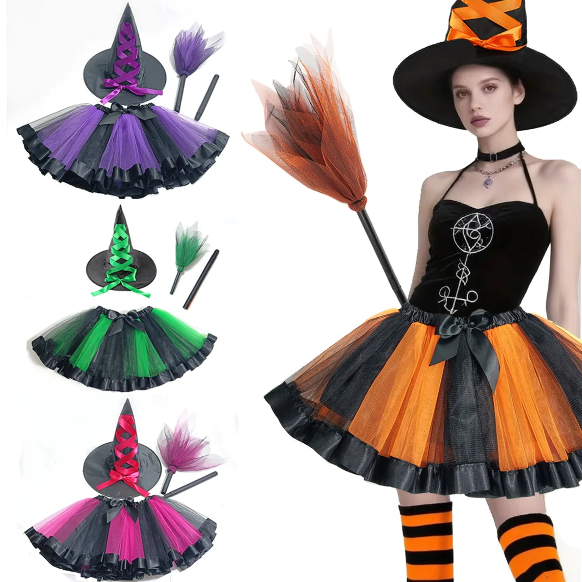 Adult Women Halloween Witch Costume 3pcs Set ,with Hat Broom and Lined Skirt for Halloween Party Cosplay Dress Up