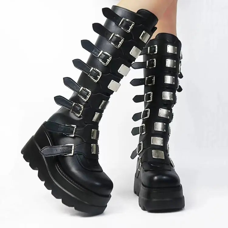 Long Boots for Women Gothic Shoes Platform Knee High Boots Punk Black Sexy Motorcycles Boots New Halloween Cosplay Women Shoes