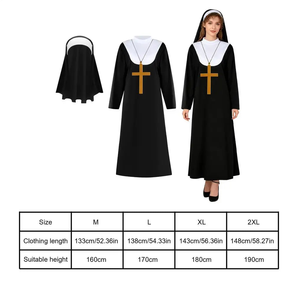 Nun Costume Adults Halloween Dress Headpiece Veil Cross Necklace Religious Robe Cosplay for Church Event Themed Party Photo Prop