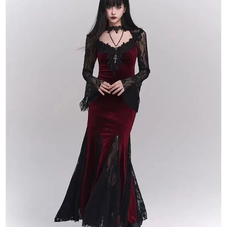 Winter Gothic Grunge Lace Dress Korean Fashion Design Festival Long Prom Dress Women Halloween Costume  Sexy Slim Party Dresses