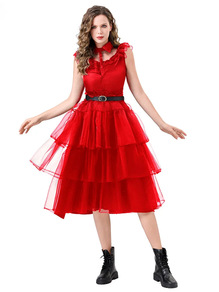 New adult ladies costume for Halloween featuring a ball dress inspired by the Addams Family a black dress for the Addams fami