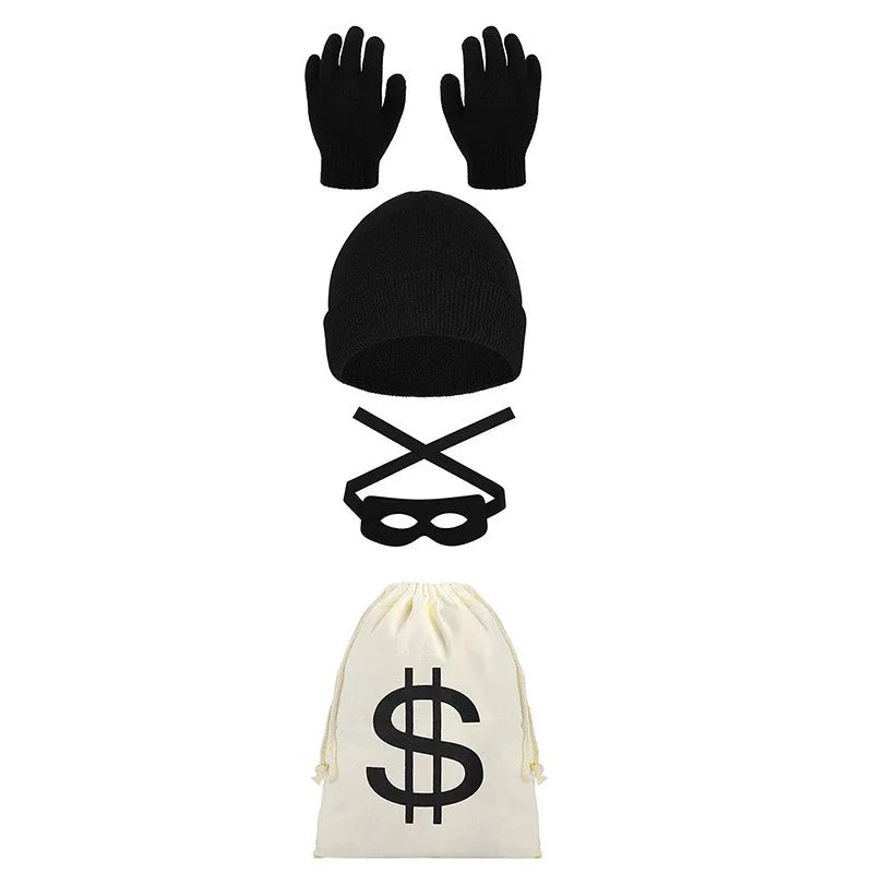 Adults Thief Cosplay Costume for Halloween Long Sleeved Striped T-shirt Canvas Bag Gloves Eye Mask Knitted Hat Outfit for Party