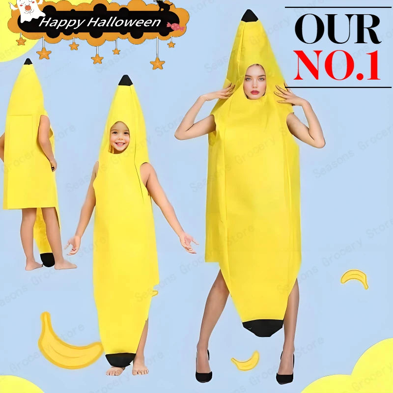 Halloween Banana Costume Funny Couple Outfit for Adults and Kids Fruit Vegetable Cosplay Fancy Dress for Carnival Party Decor