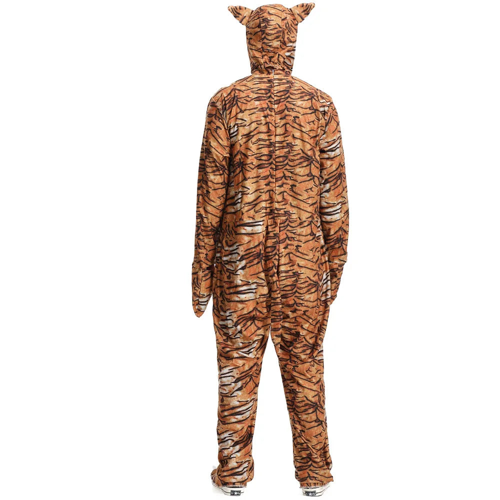 Tiger Costume for Adults Halloween Party Outfit Animal Cosplay Full Body Jumpsuit Costumes Jumpsuit Footwears Headgear 3Pcs Set