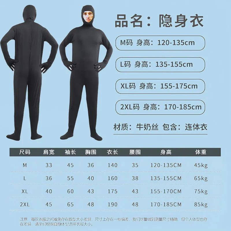 Disfraz Halloween Costume for Adults & Kids Solid Black JumpSuit Invisible Man & Cat Character Men's Tight Invisibility Clothes