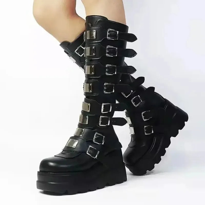 Long Boots for Women Gothic Shoes Platform Knee High Boots Punk Black Sexy Motorcycles Boots New Halloween Cosplay Women's Shoes
