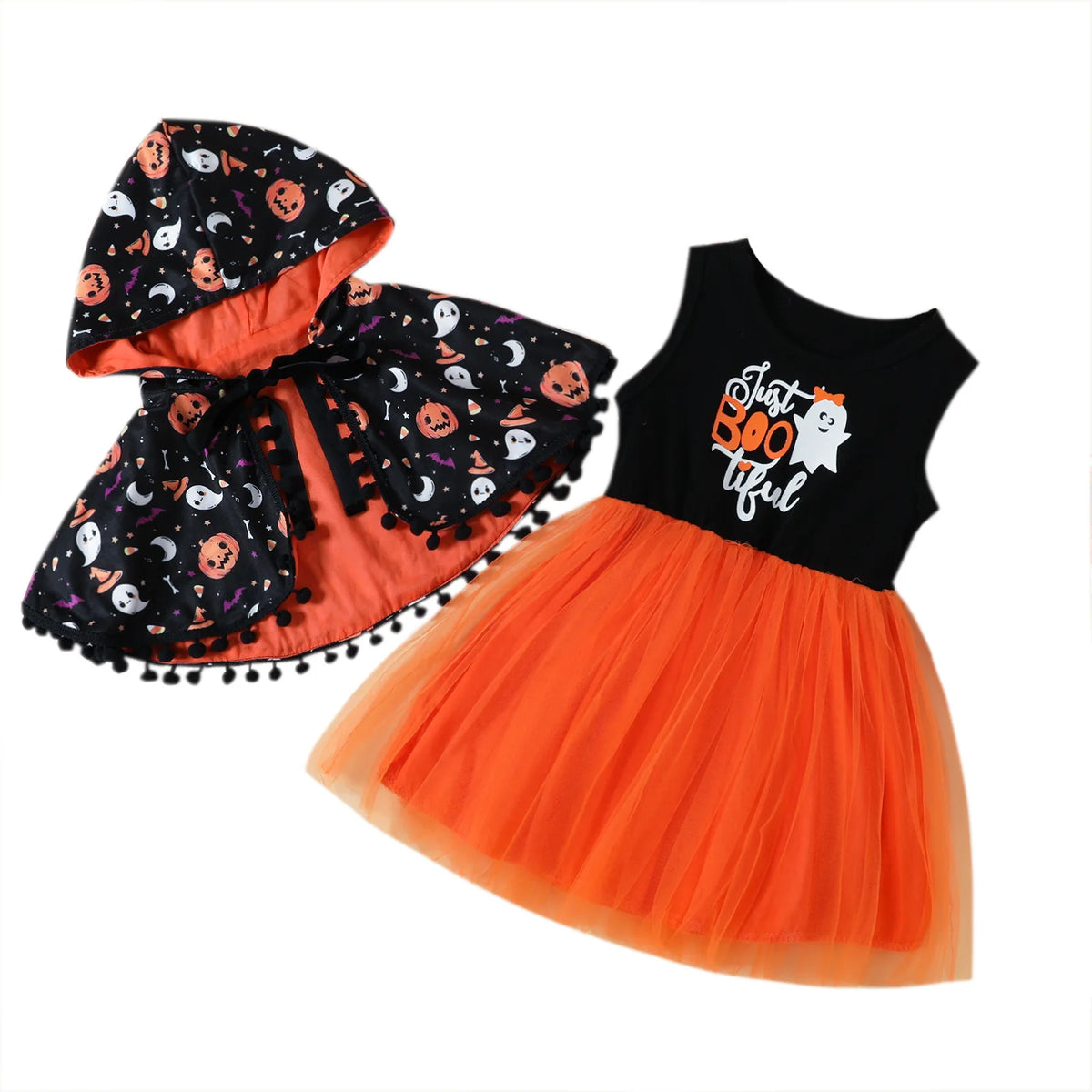 2026 Halloween Costume 2pcs Girls Outfit Pumpkin Ghost Printed Cape Tulle Infant Girls Cosplay Dress Set Kids Halloween Outfit