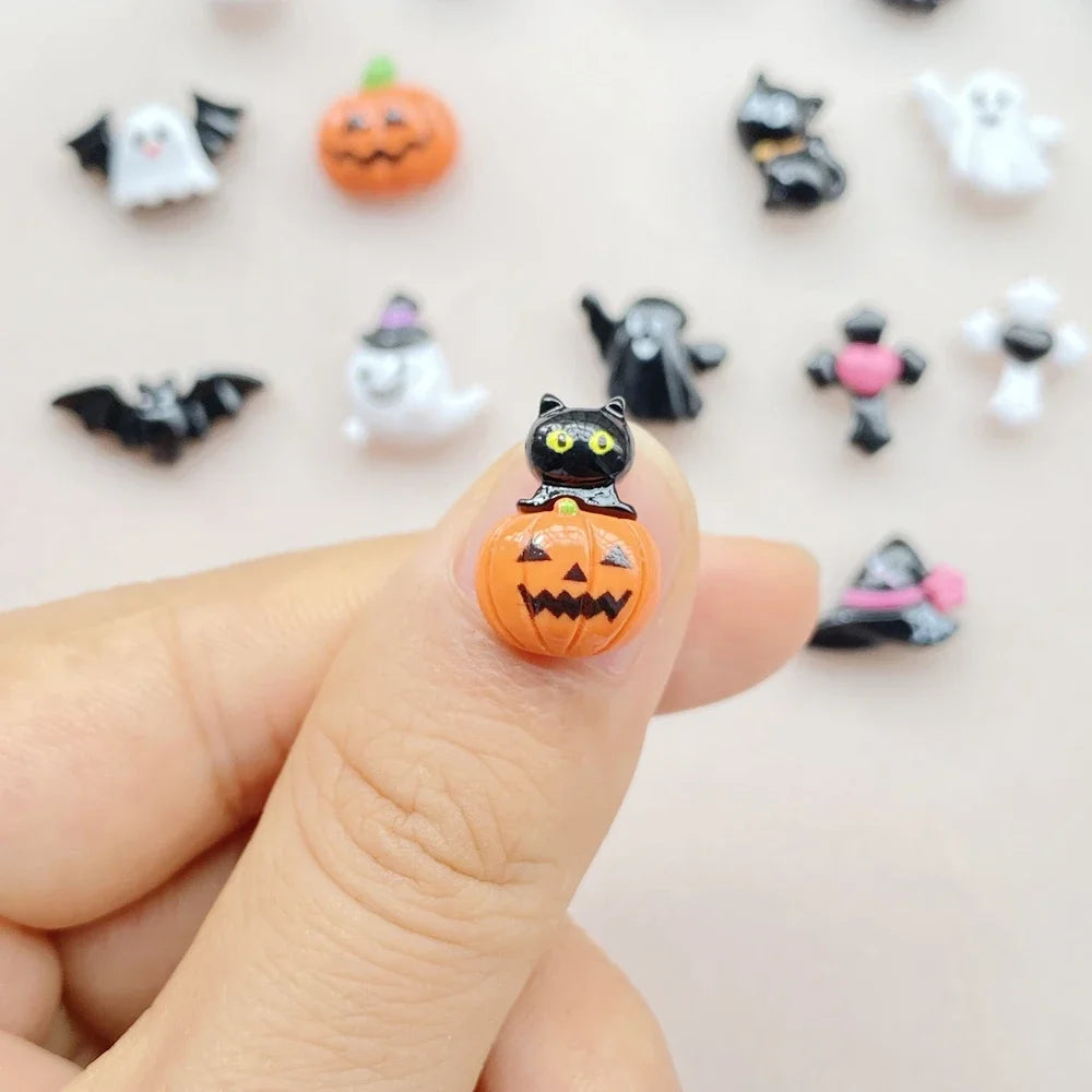 20pcs Resin Mini Colorful Painted Bat Pumpkin Skull Ghost Cat Figurines Flat back Scrapbook DIY Halloween Decor Nail Art Crafts