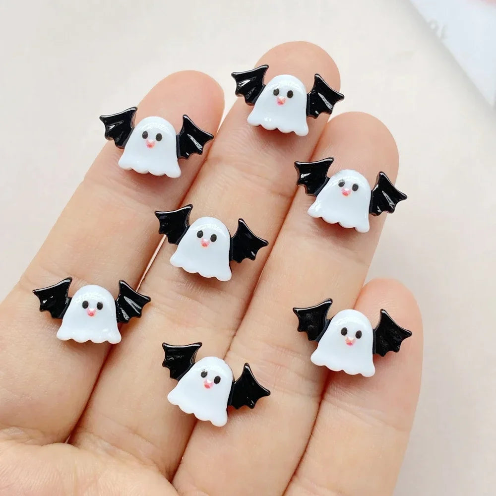 20pcs Resin Mini Colorful Painted Bat Pumpkin Skull Ghost Cat Figurines Flat back Scrapbook DIY Halloween Decor Nail Art Crafts