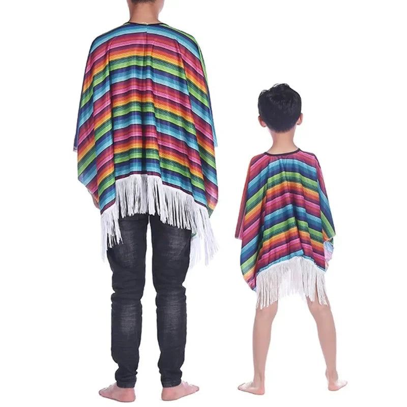 Adult and Child Mexican Party Costume Colorful Cloak Wide-brimmed Hat Sunglasses Beard Mexican Festival Halloween Carnival