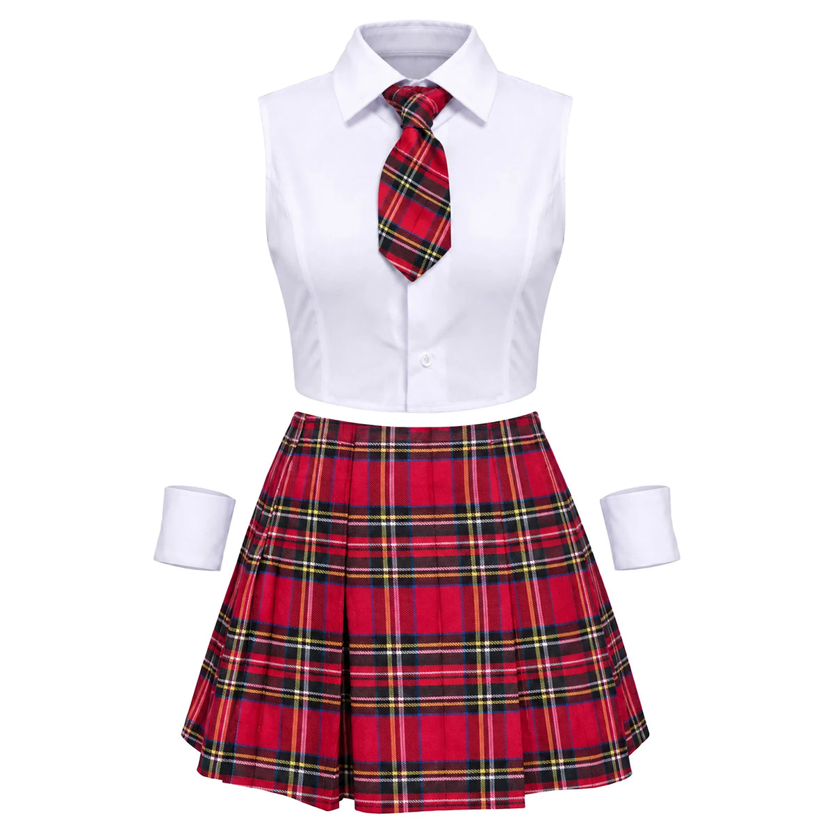 Women Adult Schoolgirl Halloween Costume Set Crop Top Red Plaid Pleated Skirt Tie Wrist Cuffs Adult Cosplay Fancy Dress Outfit