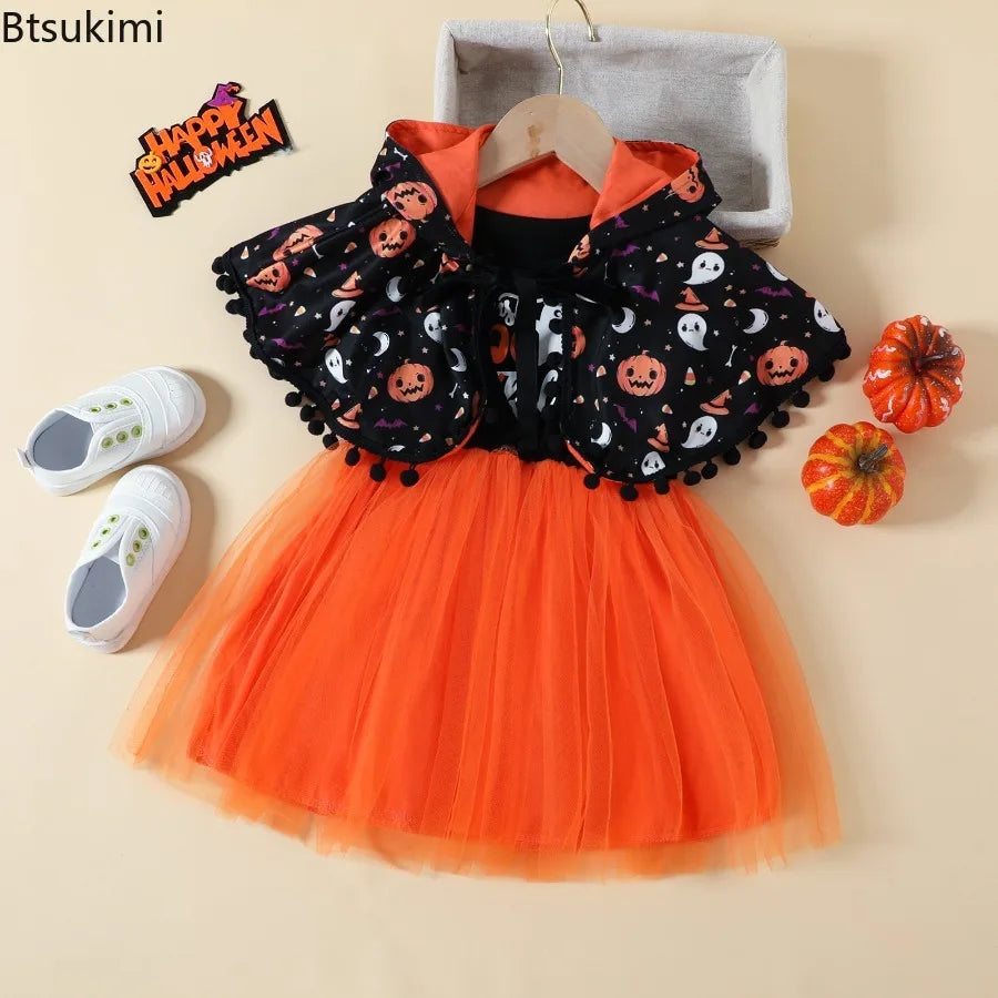 2026 Halloween Costume 2pcs Girls Outfit Pumpkin Ghost Printed Cape Tulle Infant Girls Cosplay Dress Set Kids Halloween Outfit