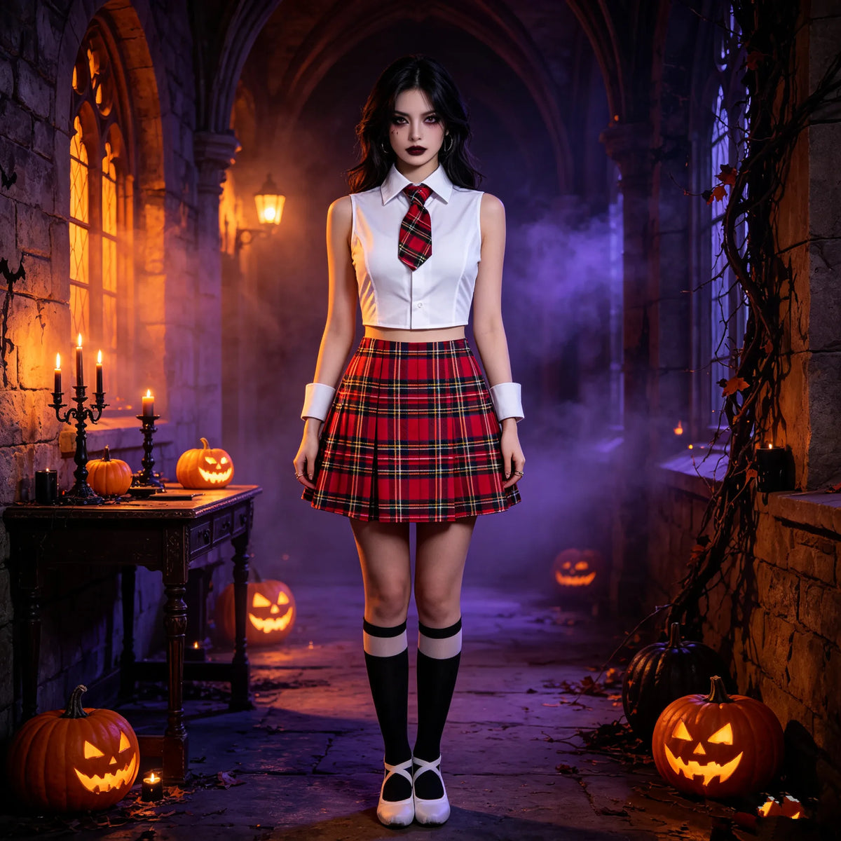 Women Adult Schoolgirl Halloween Costume Set Crop Top Red Plaid Pleated Skirt Tie Wrist Cuffs Adult Cosplay Fancy Dress Outfit