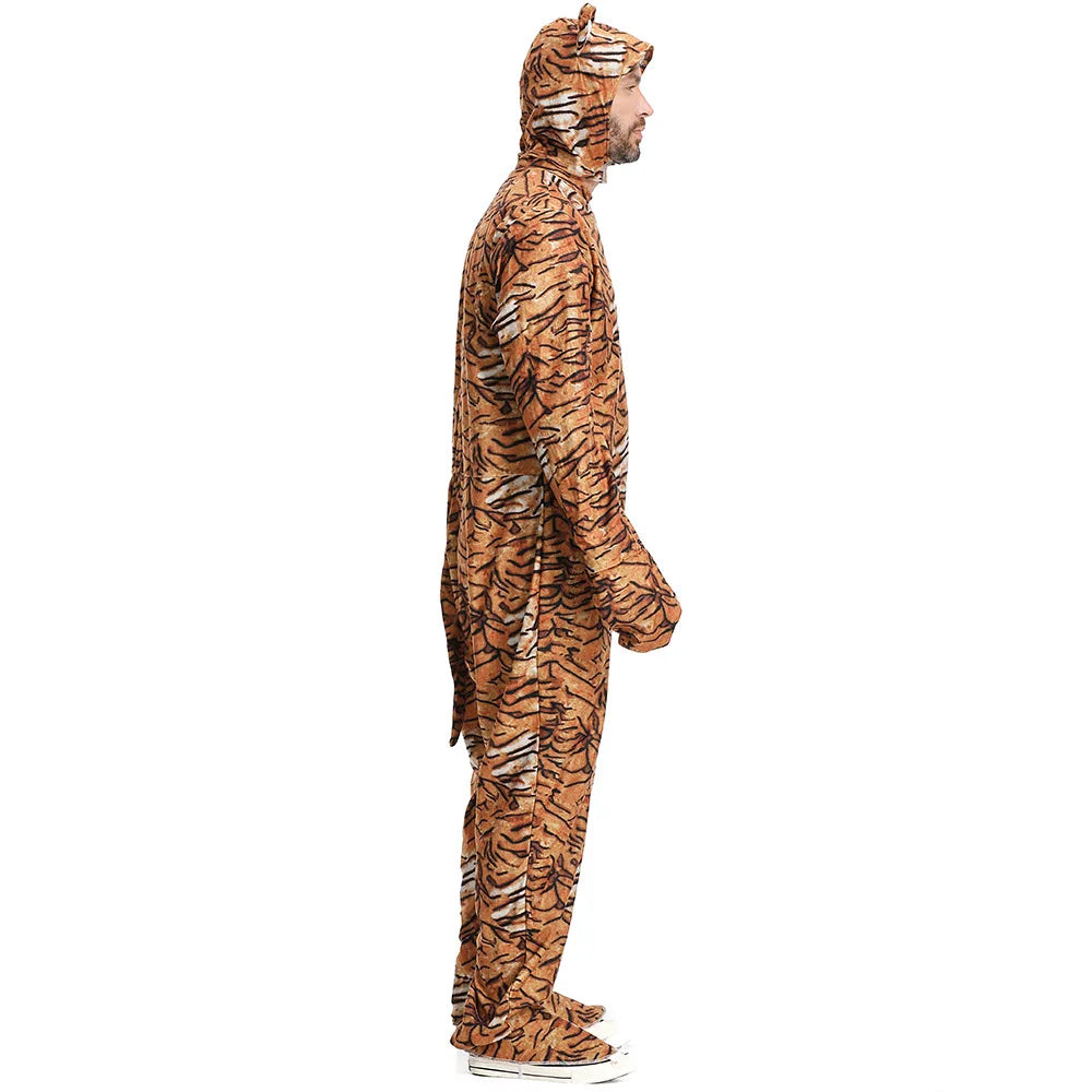 Tiger Costume for Adults Halloween Party Outfit Animal Cosplay Full Body Jumpsuit Costumes Jumpsuit Footwears Headgear 3Pcs Set