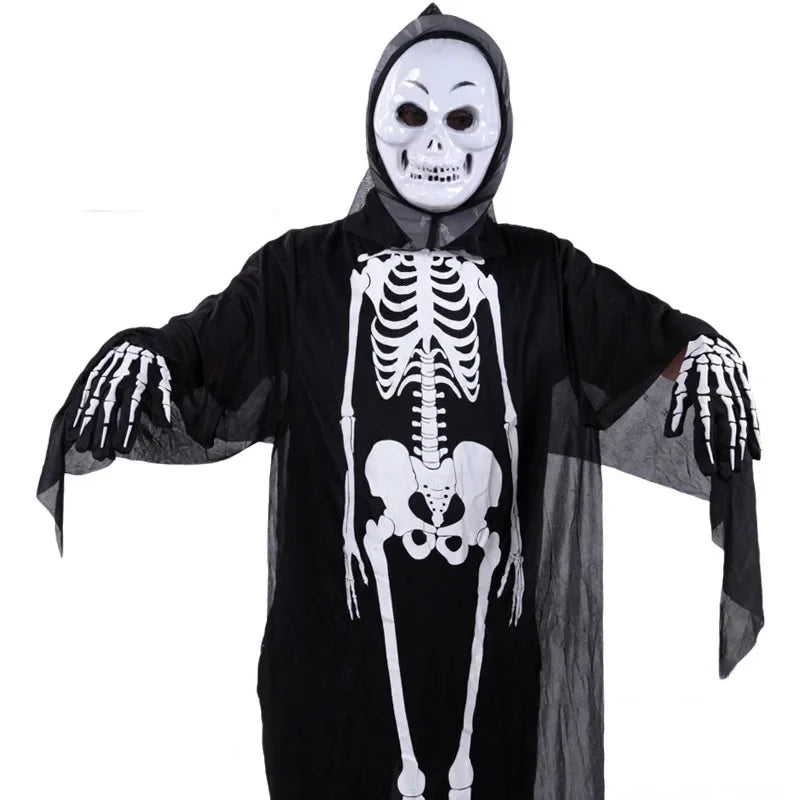 Kids Adult Black Halloween Skull Skeleton Ghost Costume Masquerade Festival Gloves Robe Mask Cloak Carnival Cosplay Role Play