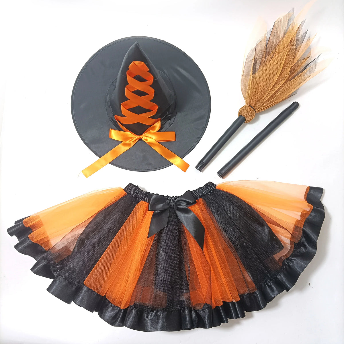 Adult Women Halloween Witch Costume 3pcs Set ,with Hat Broom and Lined Skirt for Halloween Party Cosplay Dress Up