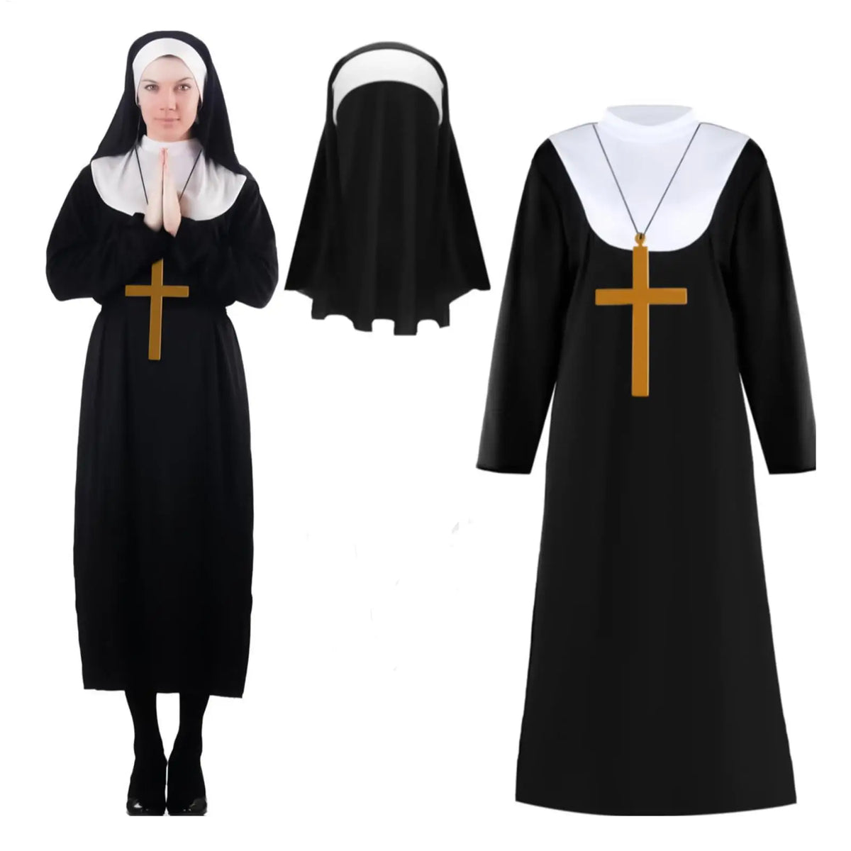 Nun Costume Adults Halloween Dress Headpiece Veil Cross Necklace Religious Robe Cosplay for Church Event Themed Party Photo Prop