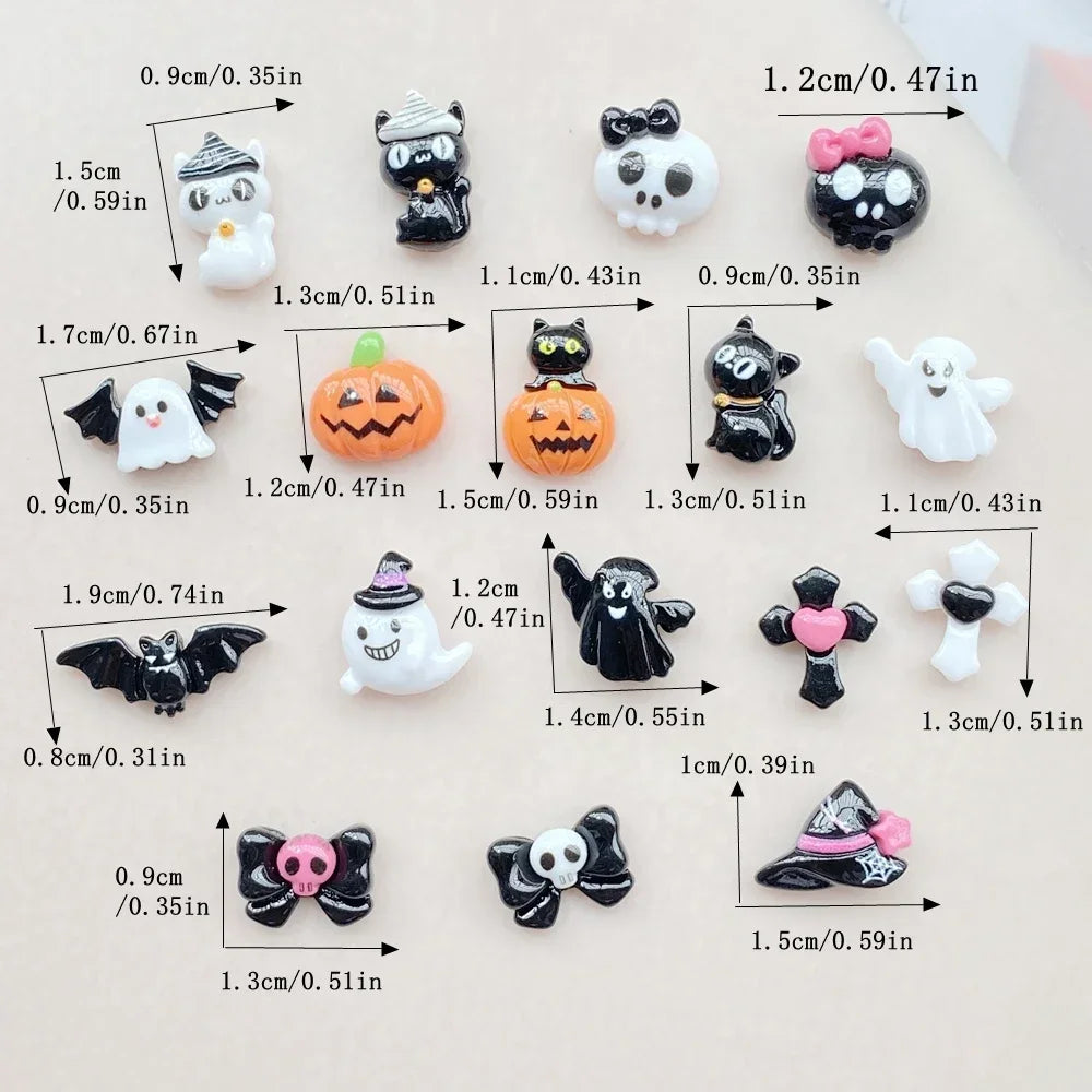 20pcs Resin Mini Colorful Painted Bat Pumpkin Skull Ghost Cat Figurines Flat back Scrapbook DIY Halloween Decor Nail Art Crafts