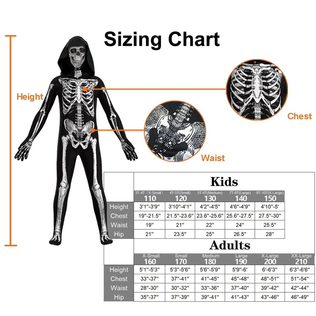 Adults Hooded Skeleton Costume with Skull Mask for Halloween Cosplay Party