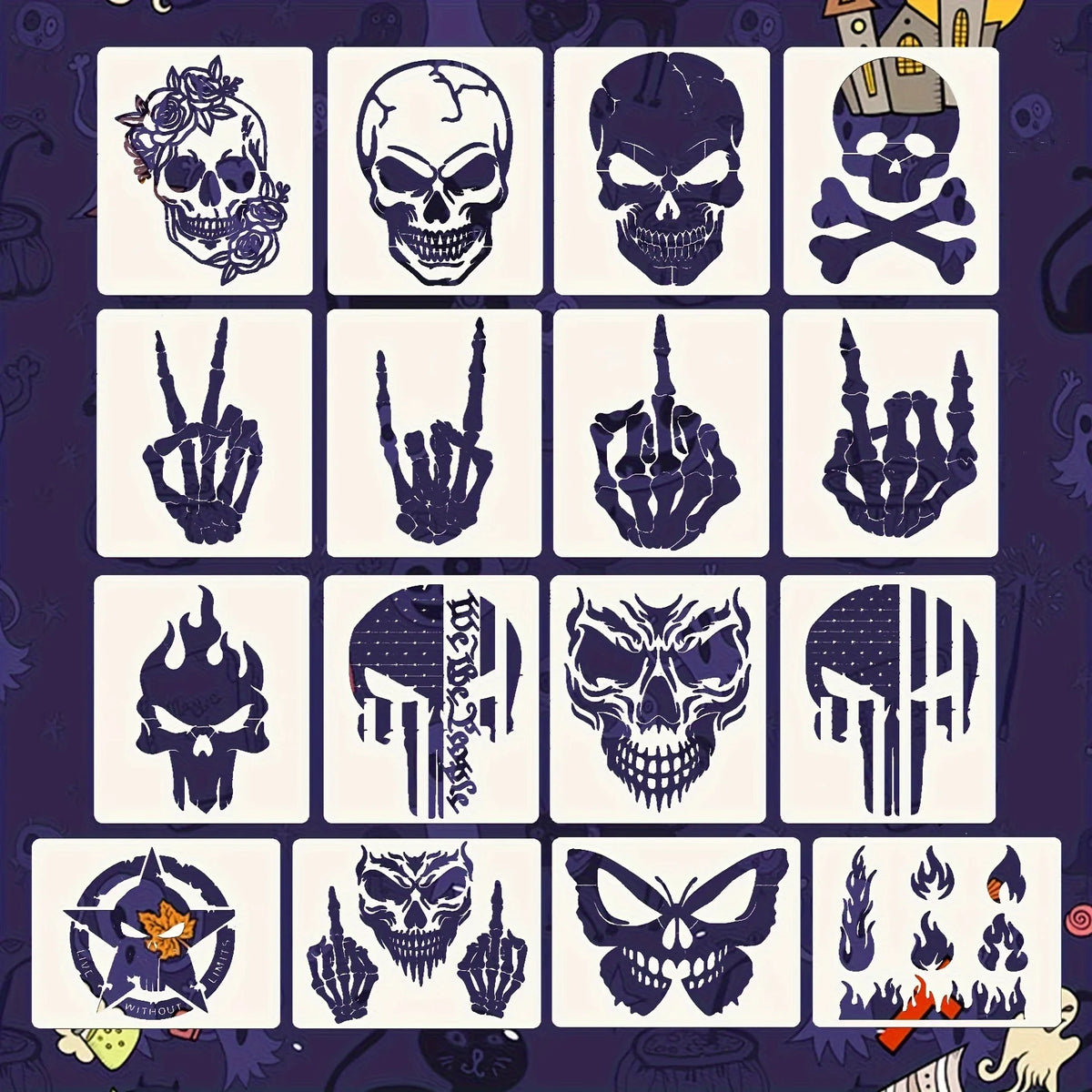 16 Pcs 5x6 inch Skull Fire Stencils for Painting Wood, Reusable Plastic Templates for Wall Canvas Halloween Decor