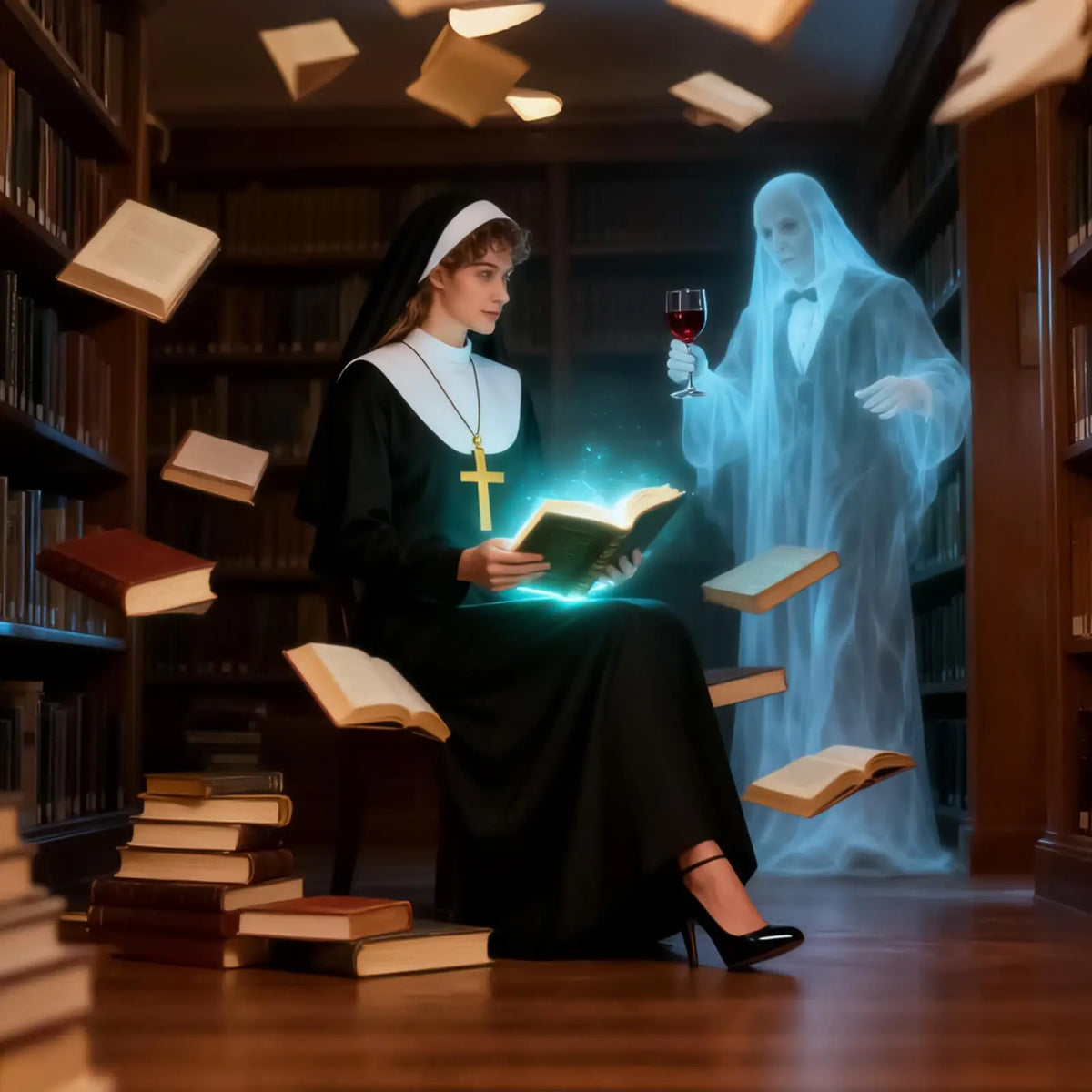 Nun Costume Adults Halloween Dress Headpiece Veil Cross Necklace Religious Robe Cosplay for Church Event Themed Party Photo Prop