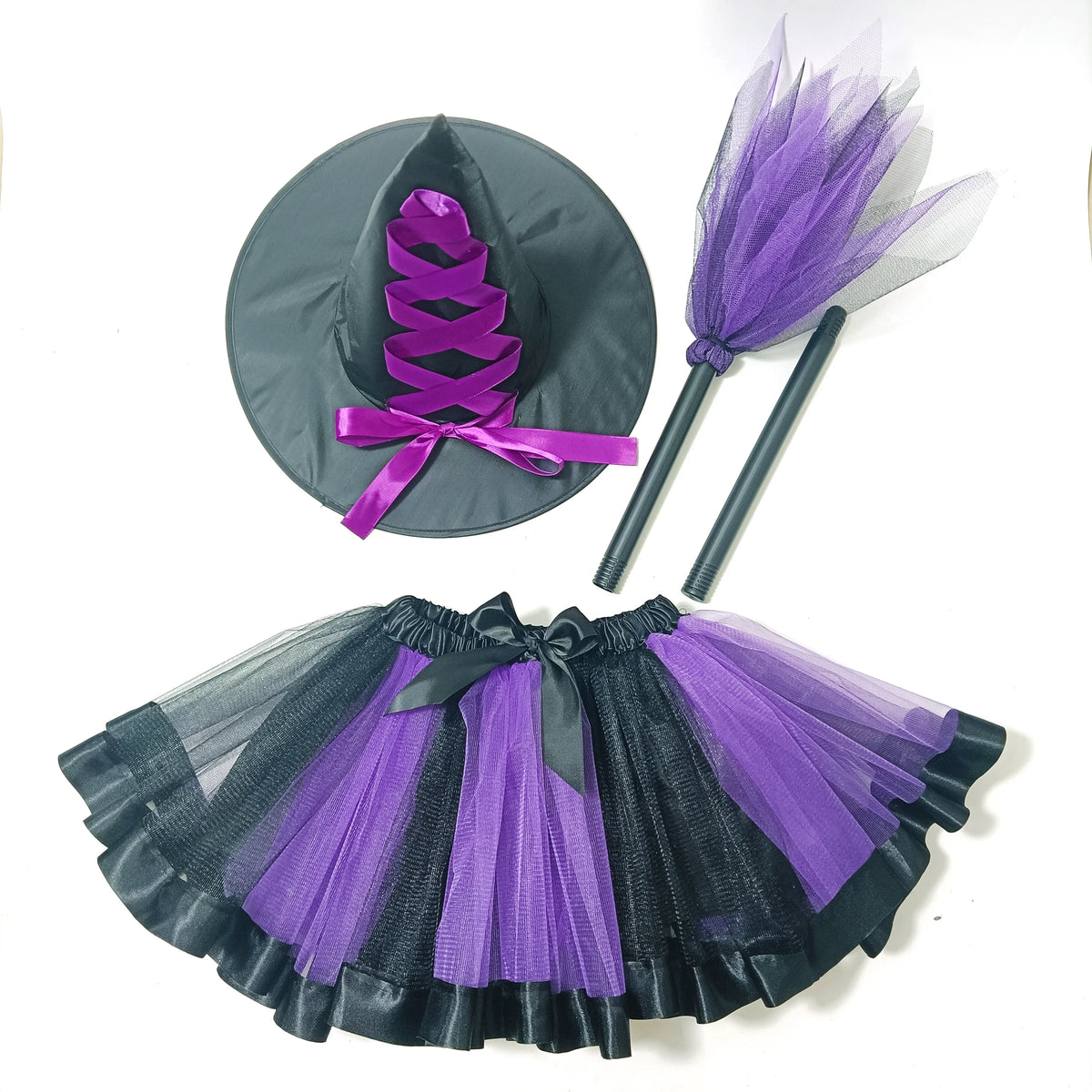 Adult Women Halloween Witch Costume 3pcs Set ,with Hat Broom and Lined Skirt for Halloween Party Cosplay Dress Up