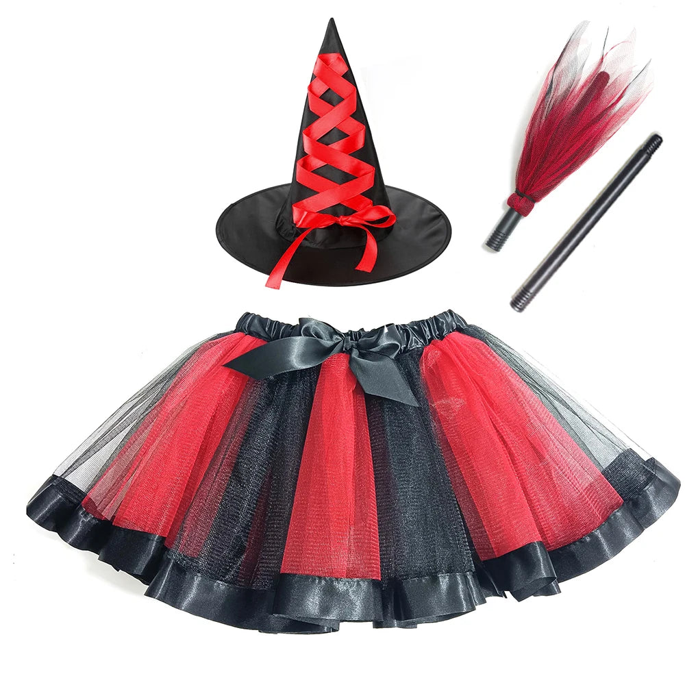 Adult Women Halloween Witch Costume 3pcs Set ,with Hat Broom and Lined Skirt for Halloween Party Cosplay Dress Up
