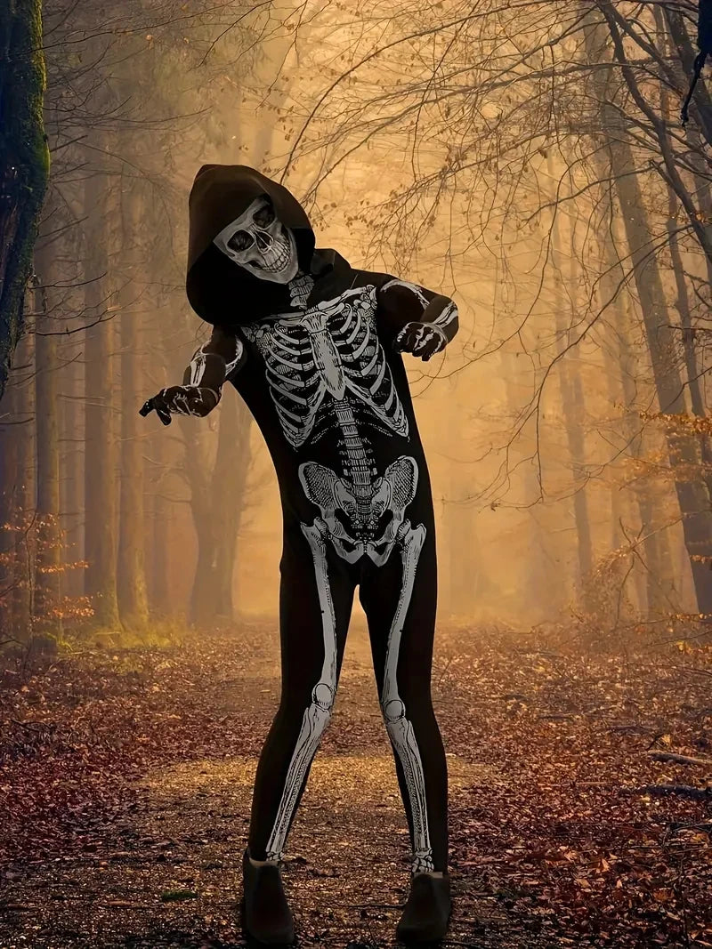 Adults Hooded Skeleton Costume with Skull Mask for Halloween Cosplay Party