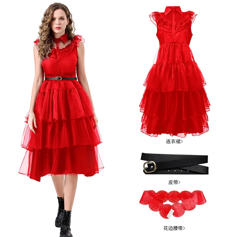 New adult ladies costume for Halloween featuring a ball dress inspired by the Addams Family a black dress for the Addams fami