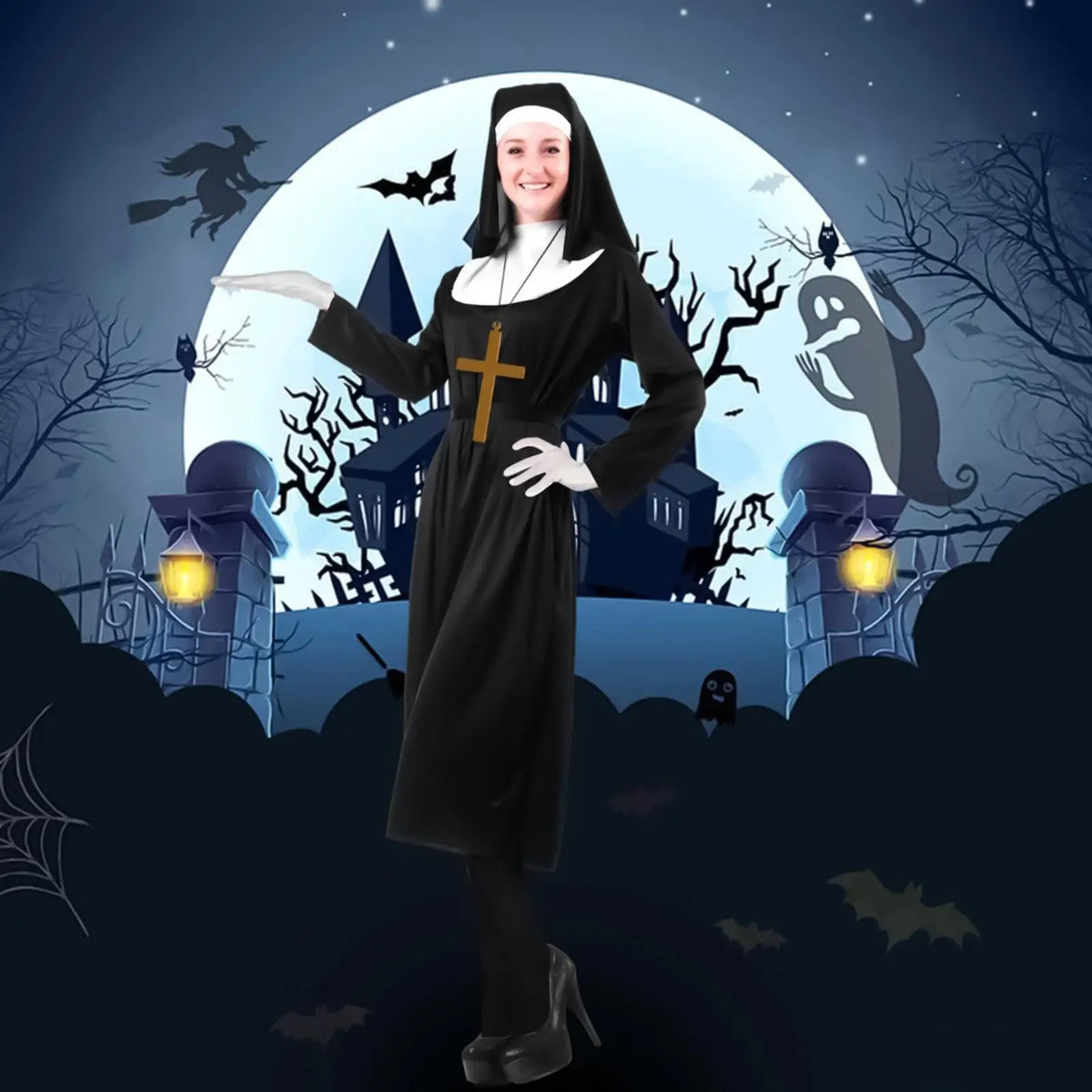 Nun Costume Adults Halloween Dress Headpiece Veil Cross Necklace Religious Robe Cosplay for Church Event Themed Party Photo Prop