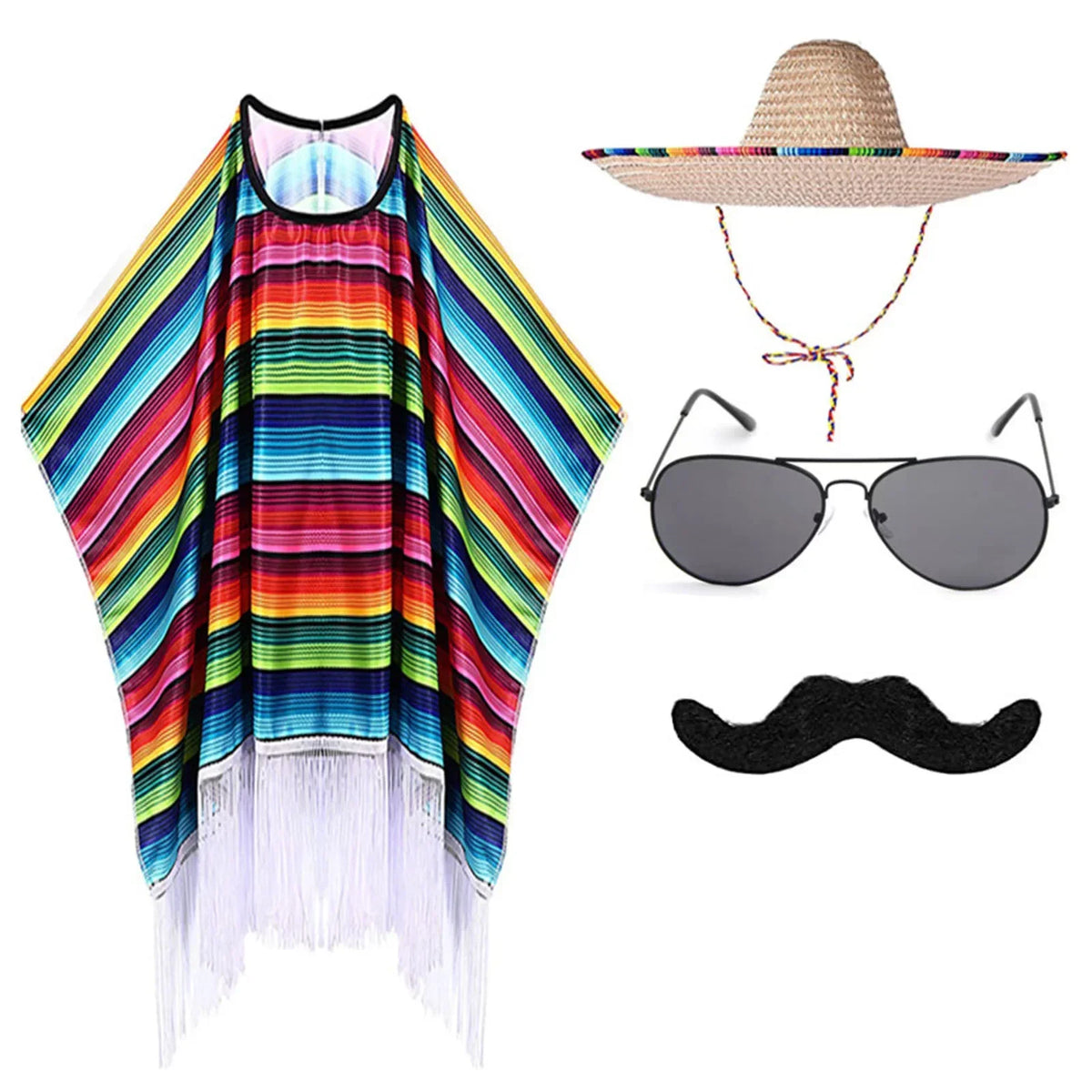 Adult and Child Mexican Party Costume Colorful Cloak Wide-brimmed Hat Sunglasses Beard Mexican Festival Halloween Carnival