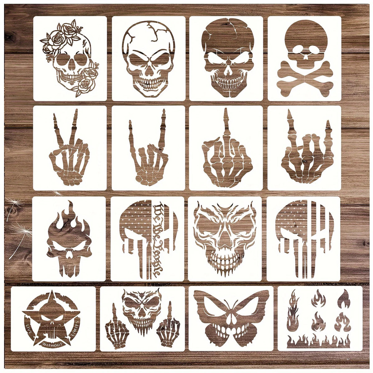 16 Pcs 5x6 inch Skull Fire Stencils for Painting Wood, Reusable Plastic Templates for Wall Canvas Halloween Decor