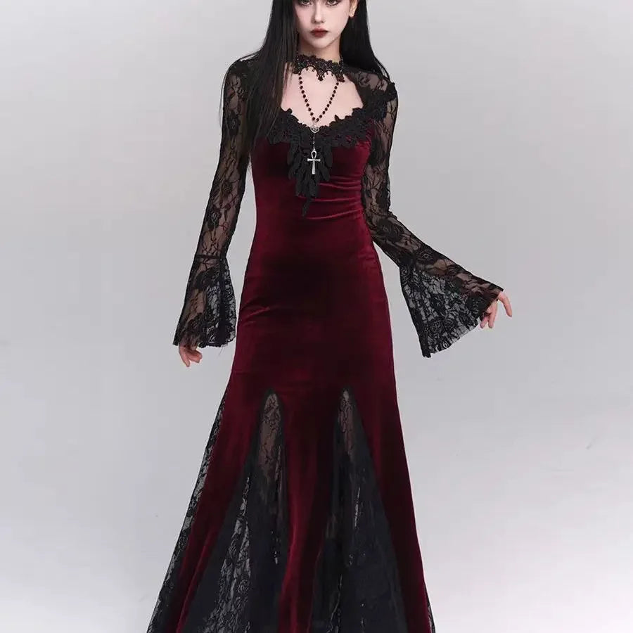 Winter Gothic Grunge Lace Dress Korean Fashion Design Festival Long Prom Dress Women Halloween Costume  Sexy Slim Party Dresses