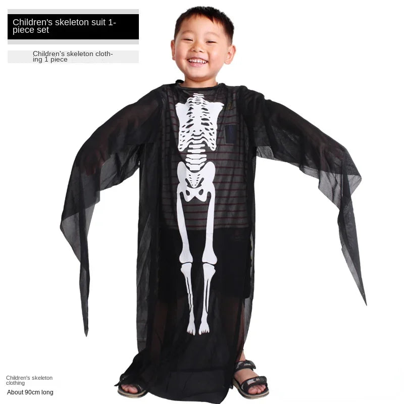 Kids Adult Black Halloween Skull Skeleton Ghost Costume Masquerade Festival Gloves Robe Mask Cloak Carnival Cosplay Role Play