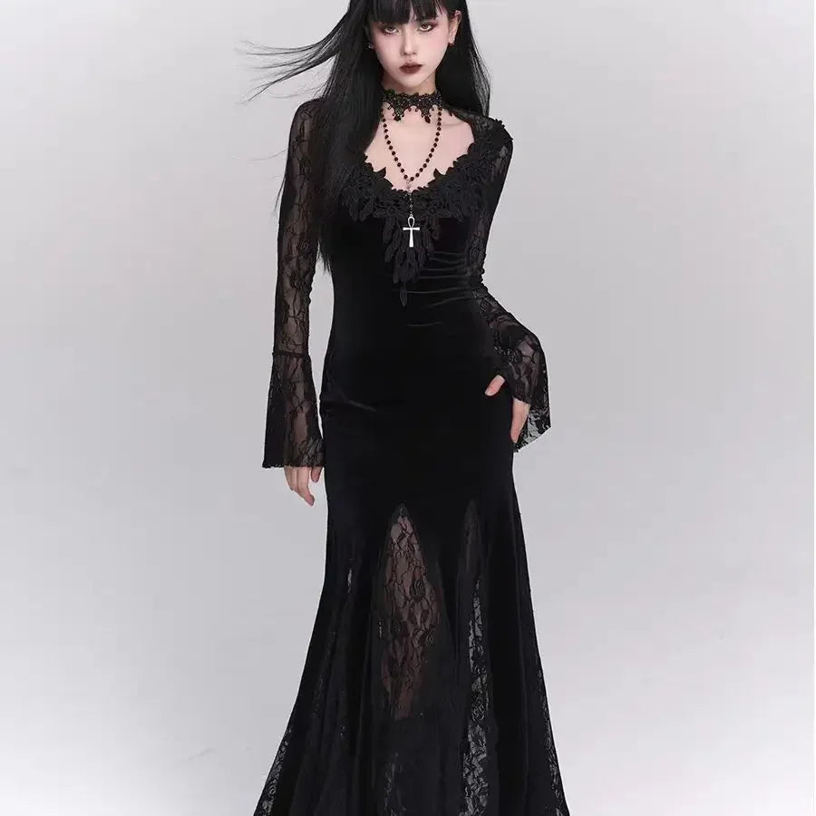 Winter Gothic Grunge Lace Dress Korean Fashion Design Festival Long Prom Dress Women Halloween Costume  Sexy Slim Party Dresses