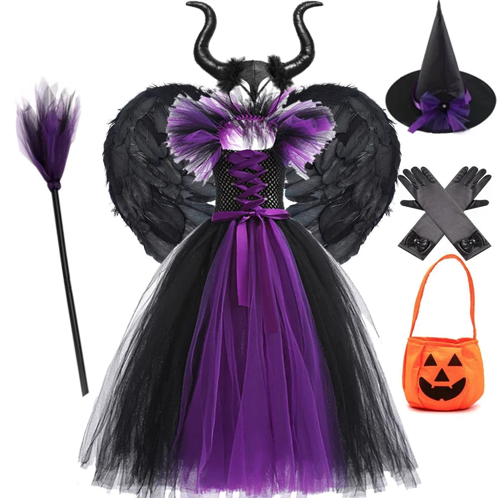Halloween Costume For Kids Black Purple Witch Dress Luxury Lace Evil Role Playing Costume Maleficent Dress Up Outfit Tulle Dress