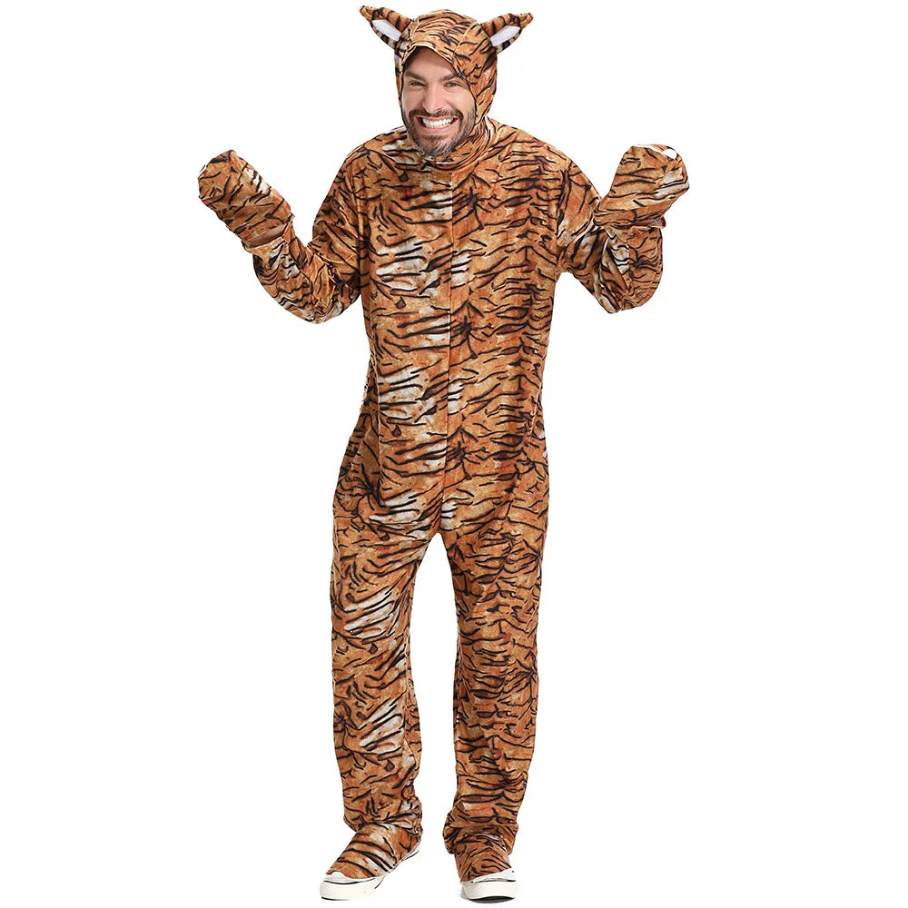 Tiger Costume for Adults Halloween Party Outfit Animal Cosplay Full Body Jumpsuit Costumes Jumpsuit Footwears Headgear 3Pcs Set