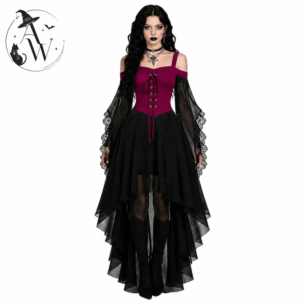 Witch Costume Women for Halloween Costumes Witch Dress Adults Medieval Vampire Butterfly Sleeve Mesh Gothic Outfits