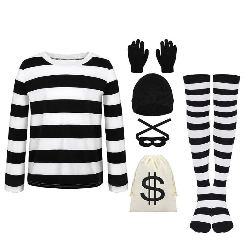 Adults Thief Cosplay Costume for Halloween Long Sleeved Striped T-shirt Canvas Bag Gloves Eye Mask Knitted Hat Outfit for Party