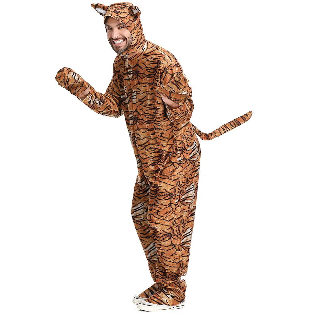 Tiger Costume for Adults Halloween Party Outfit Animal Cosplay Full Body Jumpsuit Costumes Jumpsuit Footwears Headgear 3Pcs Set
