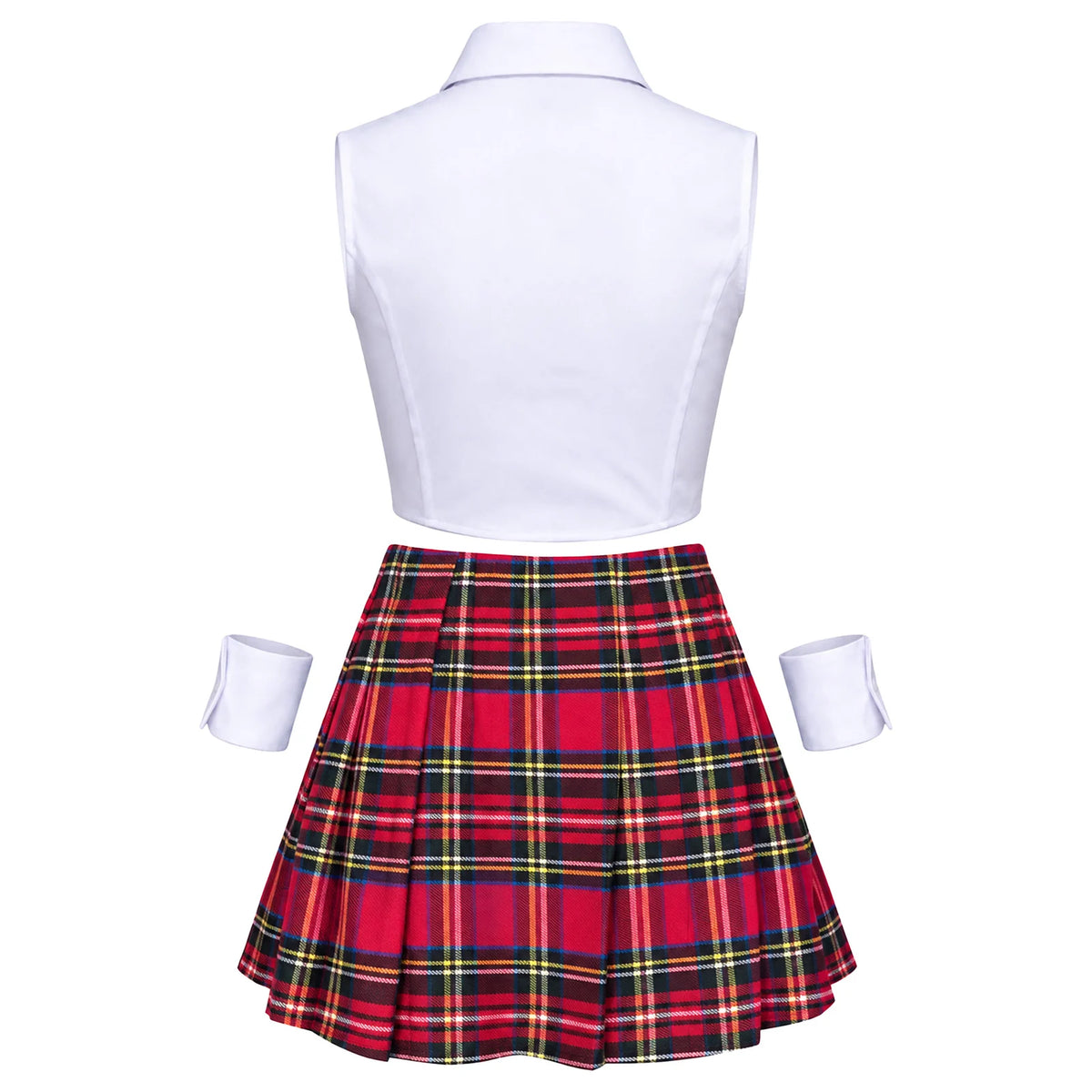 Women Adult Schoolgirl Halloween Costume Set Crop Top Red Plaid Pleated Skirt Tie Wrist Cuffs Adult Cosplay Fancy Dress Outfit
